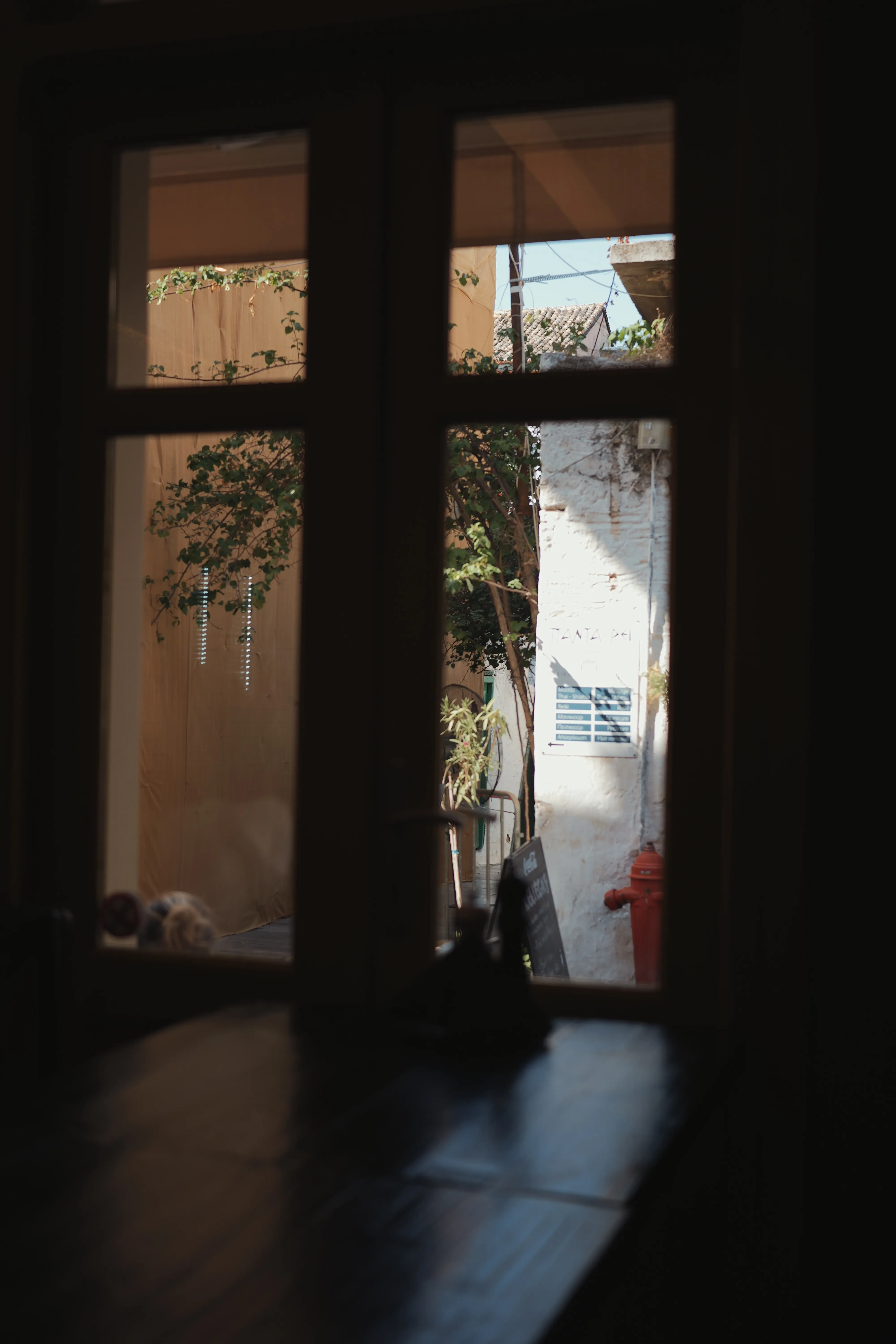 An alley seen through a window
